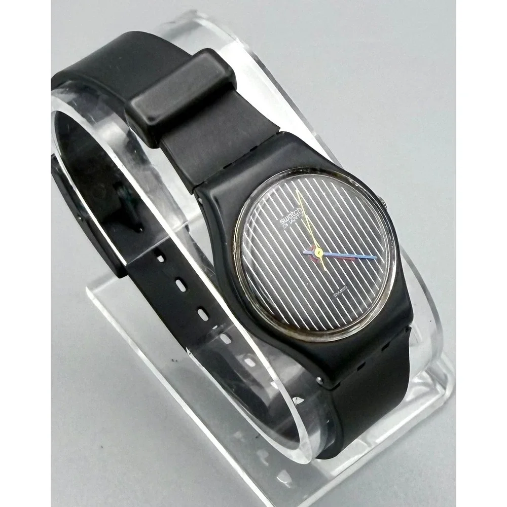 Vintage 1984 Swatch Lady LA100 Miss Chanel Miss Pinstripe Swiss Watch